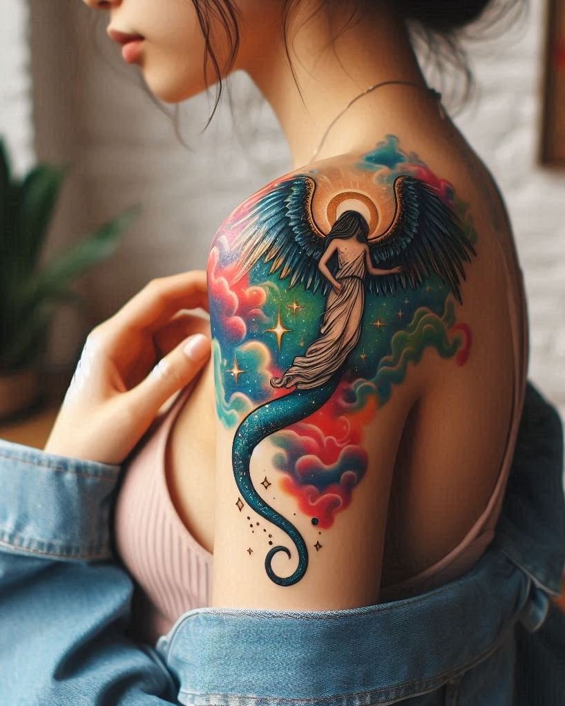 Unveiling the Mysteries: Angel & Serpent Intertwined Tattoo: Explore the hidden depths with a curious angel gazing at an entwined serpent on your arm. The detailed feathers and intertwined forms symbolize the pursuit of knowledge, unraveling hidden truths, and the duality of nature - light and dark coexisting.