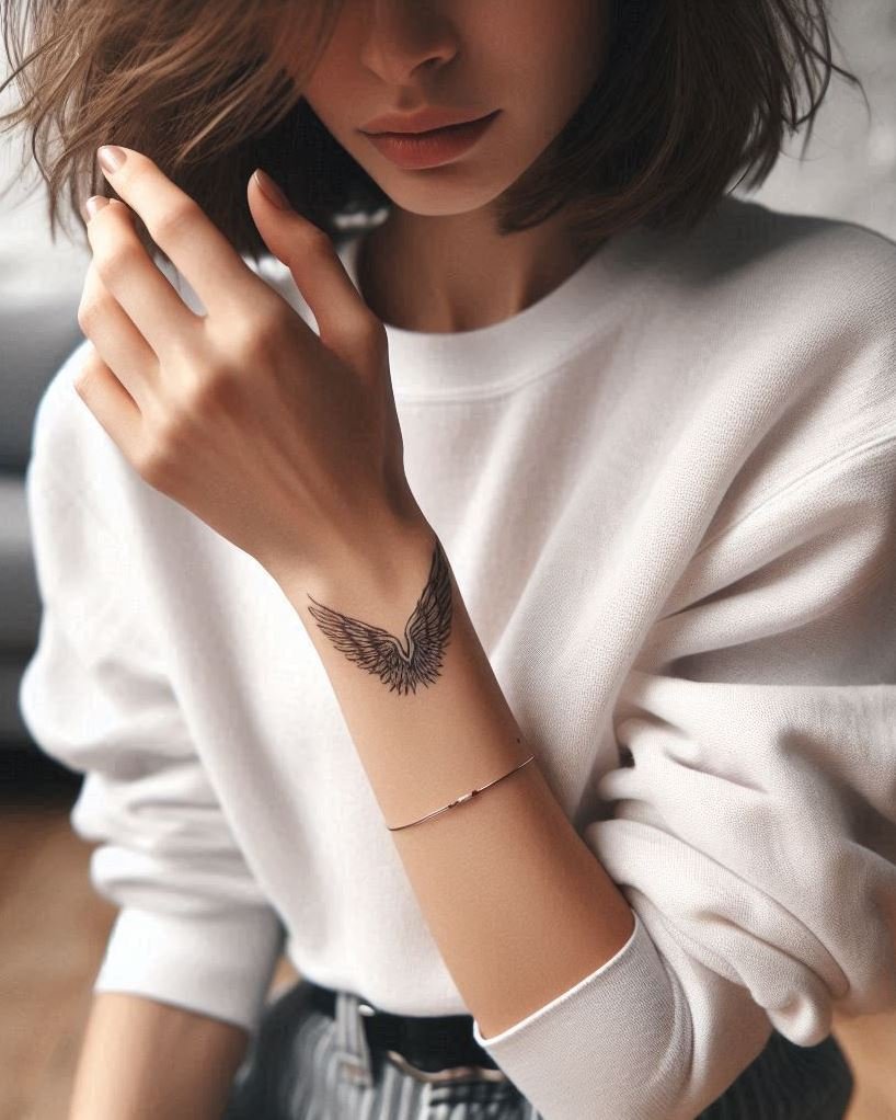 Whispers of Faith: Delicate white angel wings rest gracefully on the wrist, a subtle reminder of divine presence and whispered prayers. Perfect for minimalists who love faith-inspired jewelry.