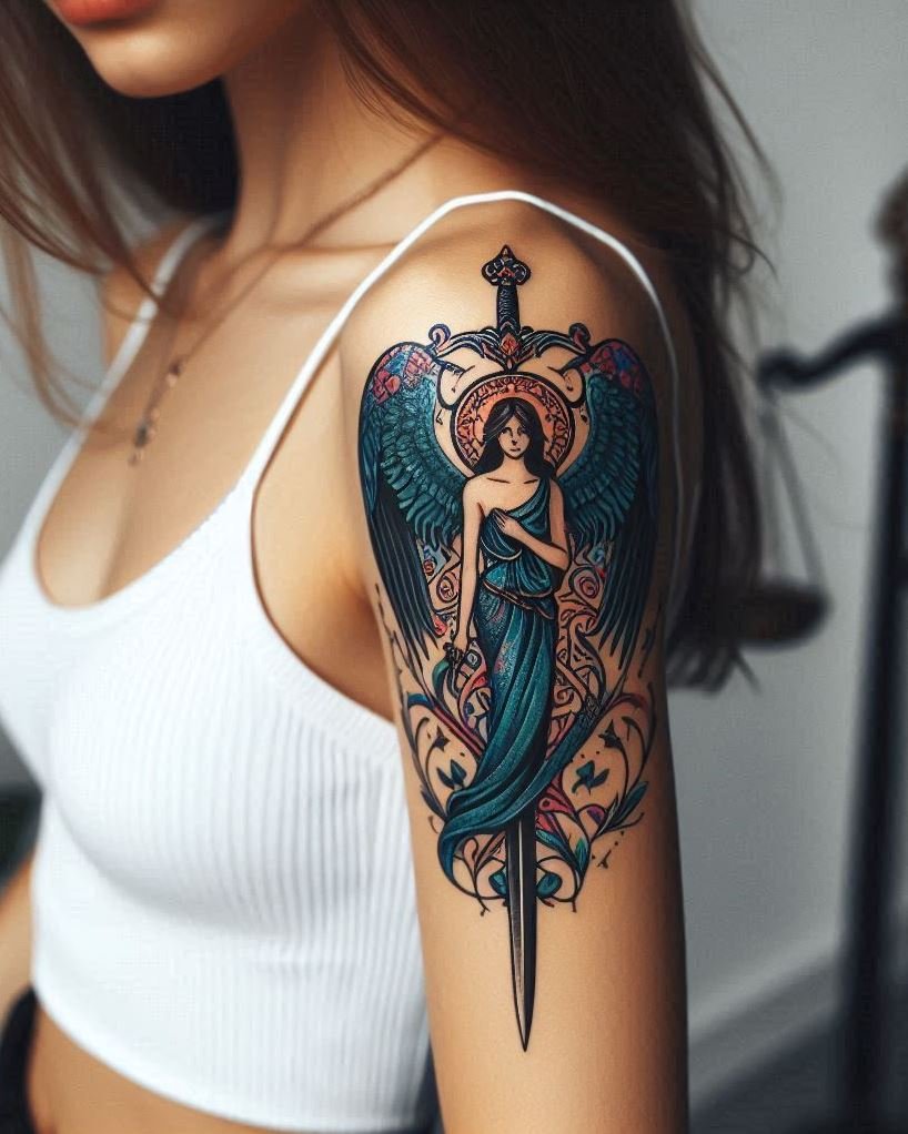 Balance & Transformation: Angel with Two Swords Tattoo: Embrace the duality of nature with a captivating angel holding two swords, one light and one dark, on your arm. The detailed wings symbolize the angel's guidance, while the contrasting blades represent the balance between light and dark, the potential for transformation, and the ability to choose between good and evil.