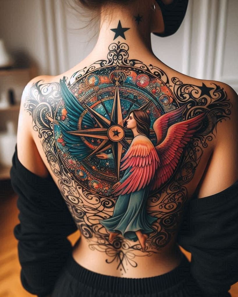 Whispers of Destiny: Angel with a Glowing Compass Tattoo: Capture the mystery of your path with a beautiful angel holding a compass emanating a soft glow on your arm. The flowing wings symbolize faith, while the luminous compass represents the unknown future unfolding with divine guidance.