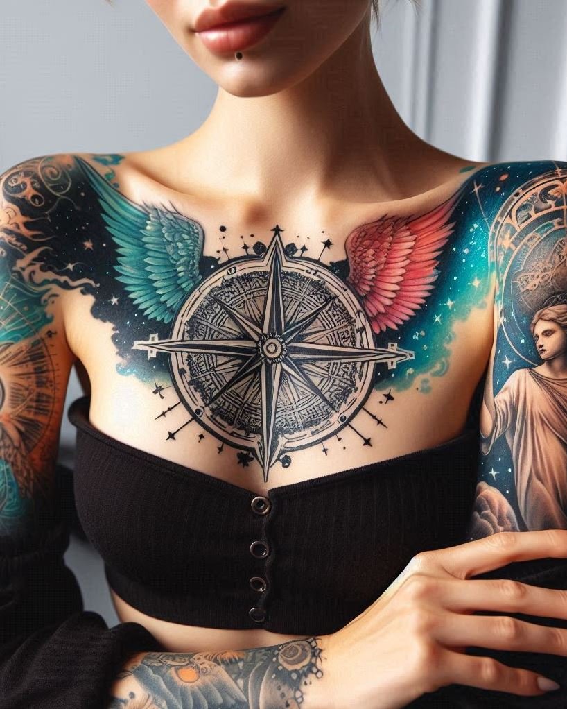 Celestial Navigator: Angel Wings Guiding Your Path (Compass Tattoo): Embrace the feeling of being divinely guided with a majestic angel wing tattoo incorporating a detailed compass on your arm. The flowing feathers represent a connection to the heavens, while the compass symbolizes receiving direction from a higher power, navigating life's challenges, and always finding your way back home.