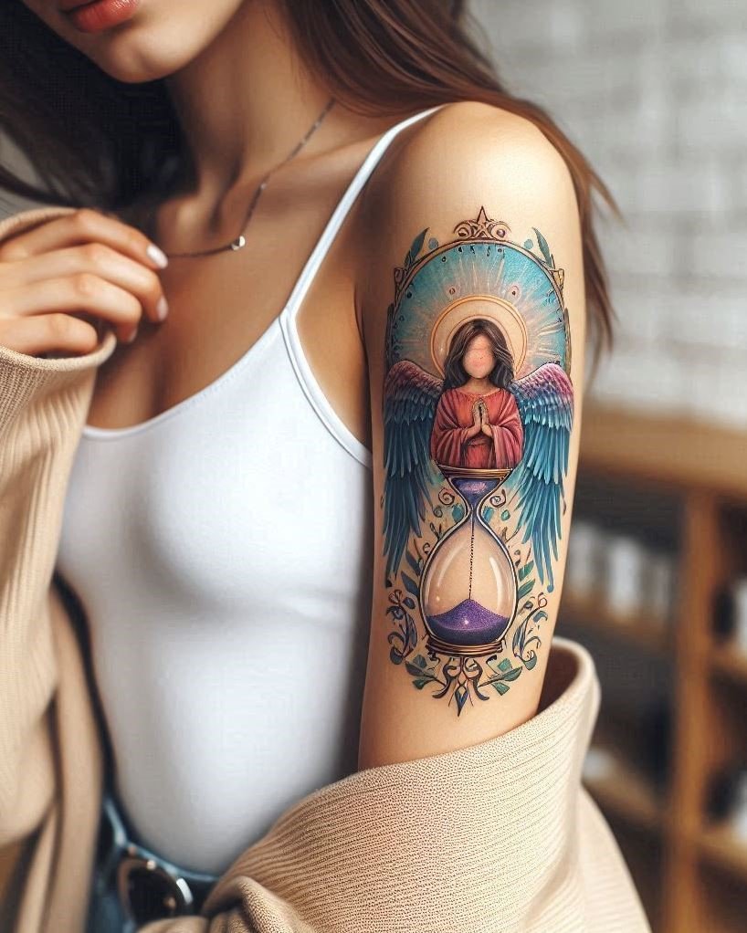 Capture the essence of time and mortality with a thought-provoking tattoo of a beautiful angel holding an hourglass on your arm. The detailed wings symbolize a connection to the divine and the passage of time, while the hourglass represents the preciousness of each moment and the reminder to cherish the fleeting nature of life. This design embodies the angel as a guardian reminding you to make the most of your time on earth.