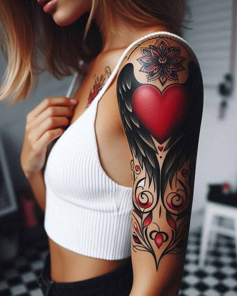 Duality's Embrace: Black Wings & Crimson Heart for Balance: Black angel wings and a vibrant red heart tattooed on the arm represent the delicate balance between darkness and light, passion and peace. This design symbolizes owning your complexities and embracing your full self.
