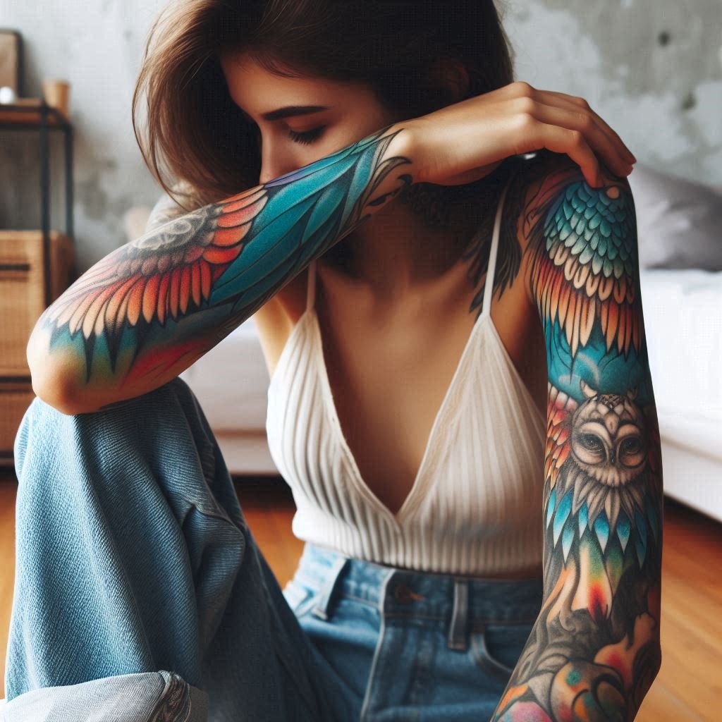 On one arm, a majestic angel with outstretched wings embodies faith and guidance. On the other, a wise owl with piercing eyes represents knowledge and intuition. Together, this two-part tattoo could symbolize the journey of enlightenment, where faith and wisdom work in harmony.