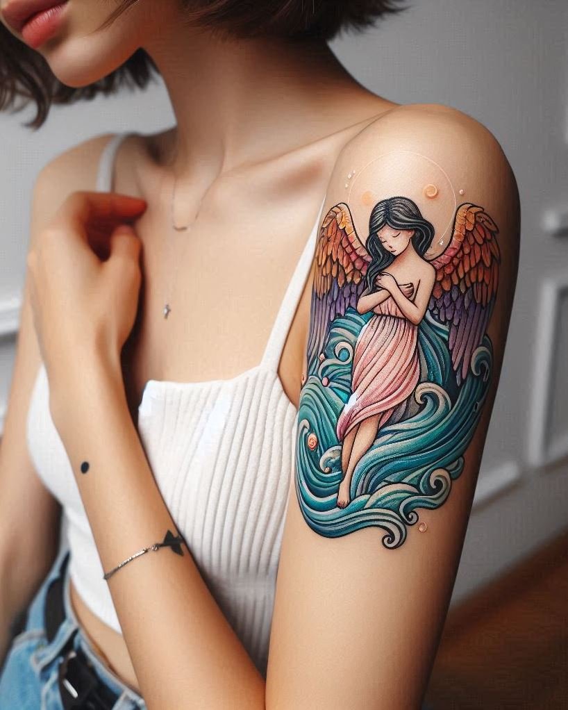 Celestial Navigator: Angel Guiding Over Waves Tattoo: Capture the essence of hope and direction with a beautiful angel soaring above crashing waves on your arm. The detailed feathers symbolize divine guidance, while the powerful waves represent life's challenges. This design embodies the angel's role in navigating you through stormy seas towards calmer waters.