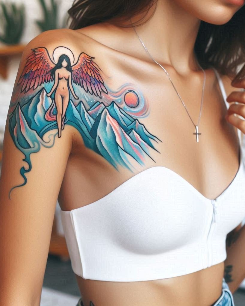 Protector of the Valley: Angel Tattoo with Lush Green Mountains: Express your nurturing spirit with a benevolent angel watching over a serene valley on your arm. The flowing feathers and peaceful landscape symbolize love, protection, and the guardian spirit that watches over those you care about.