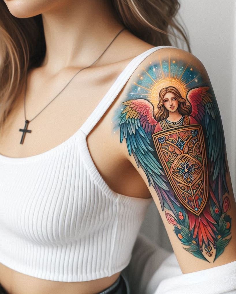 Divine Protector: Beautiful Angel with Shield Tattoo Embrace your inner strength and unwavering faith with a stunning tattoo of a beautiful angel wielding a gleaming shield. The detailed wings symbolize freedom and spiritual connection, while the mighty shield represents protection from harm, courage in the face of adversity, and the will to defend what you believe in.