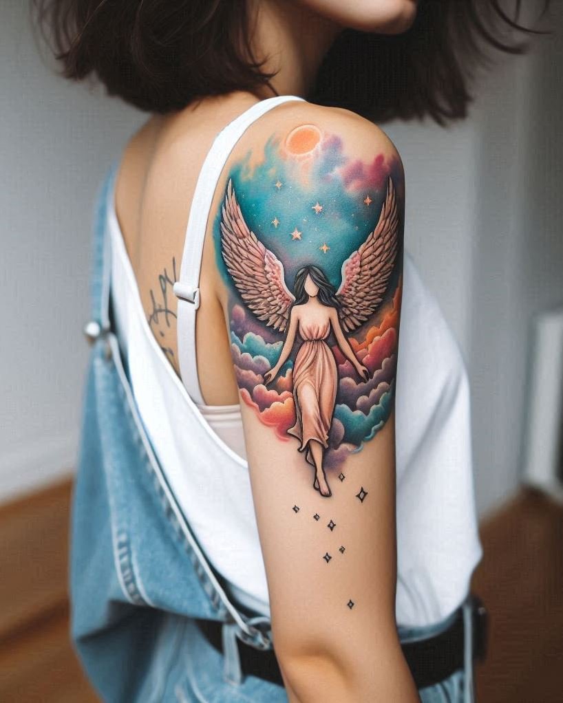 Reaching for the Stars: Angel Tattoo with Milky Way Galaxy: Embrace the vastness of the universe with a majestic angel soaring through a starry galaxy on your arm. The detailed feathers and celestial backdrop symbolize limitless potential, chasing dreams beyond the clouds, and the connection to something larger than ourselves.