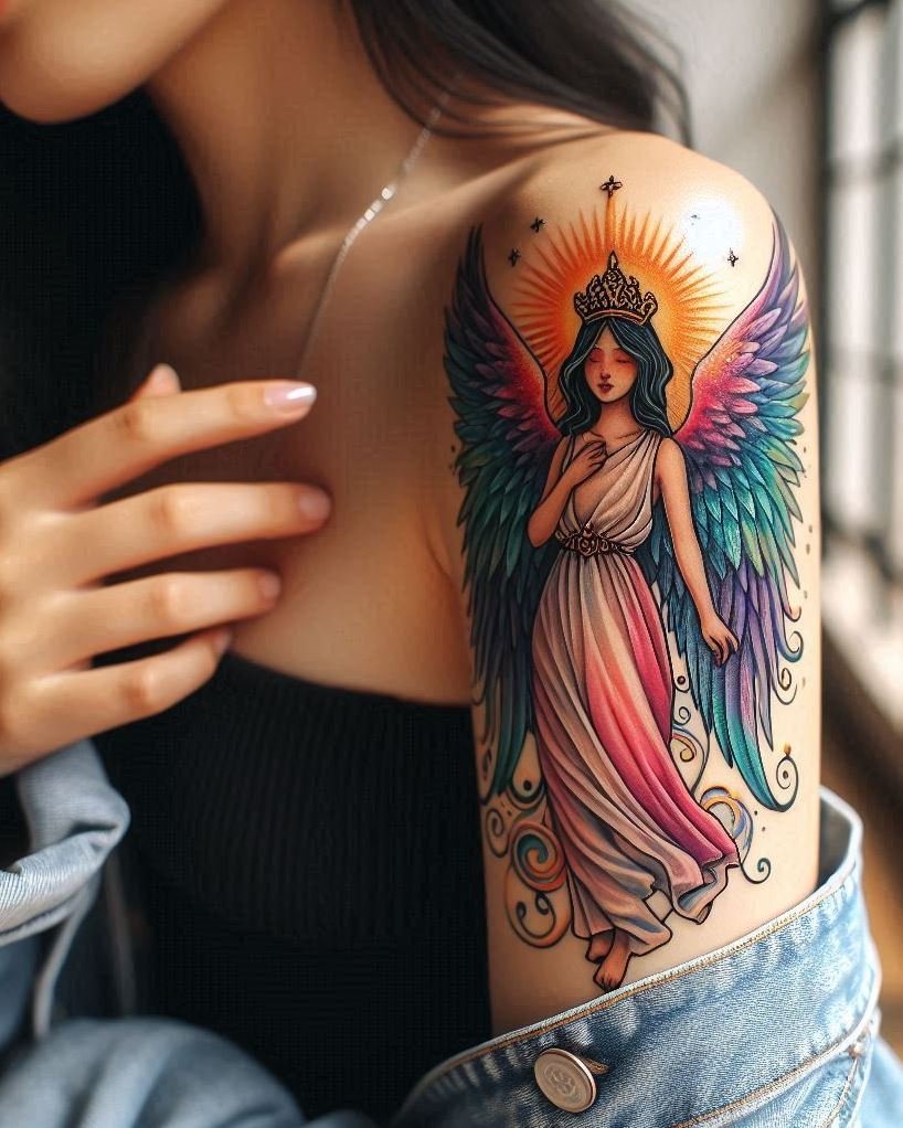 Embrace your inner strength and divine connection with a breathtaking tattoo of a beautiful angel adorned with a crown. The detailed wings symbolize freedom and spiritual connection, while the crown represents heavenly authority, righteousness, and the potential for great things.