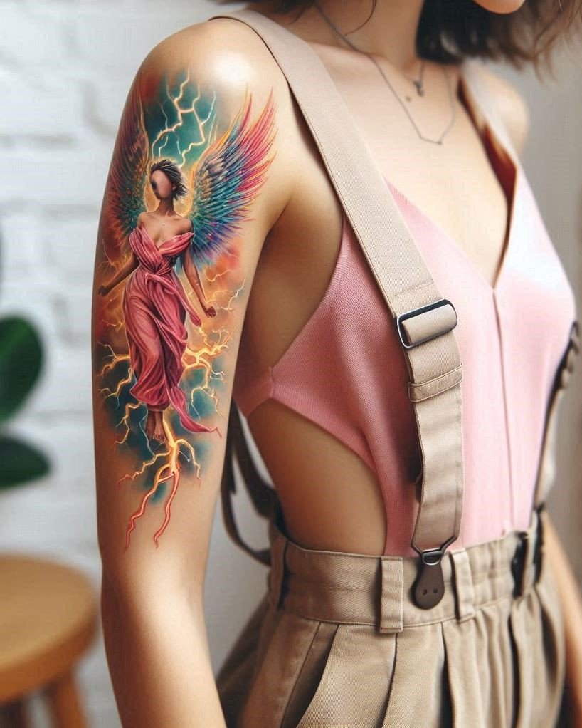 Celestial Guardians: Ethereal angel figures dance amidst dramatic lighting on your arm, symbolizing divine intervention, illumination and representing faith's enduring presence even in difficult times..