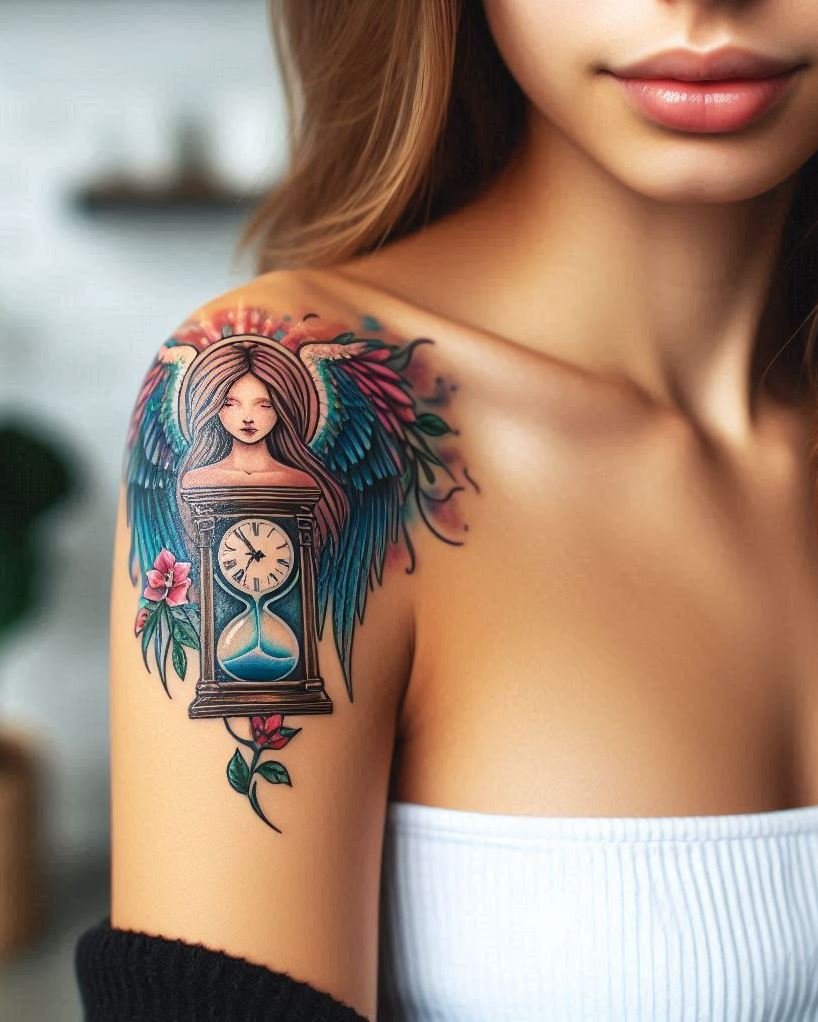 Timeless Guardianship: An angelic figure watches over a detailed hourglass, representing the passage of time balanced by celestial protection.