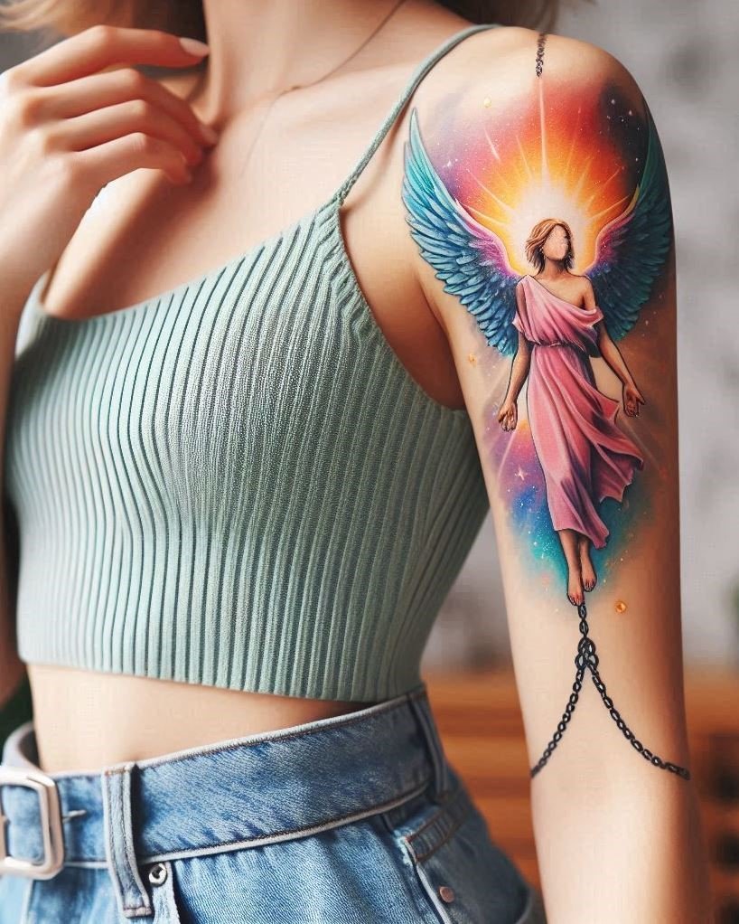 A chained angel bathed in a harsh light reaches for something unseen. This tattoo could symbolize yearning for liberation despite restriction, or a search for truth even in the face of overwhelming light.