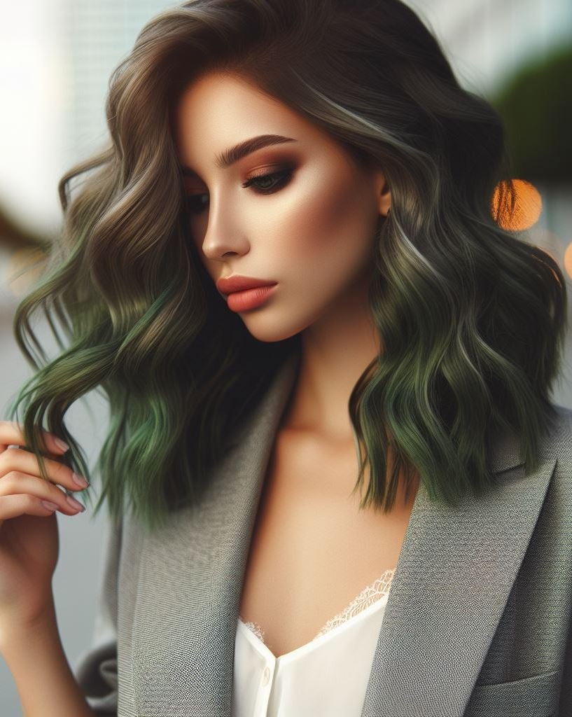 Olive Oasis: Achieve a sophisticated look with a rich olive green hair color. Complements warm skin tones and adds a touch of natural elegance.