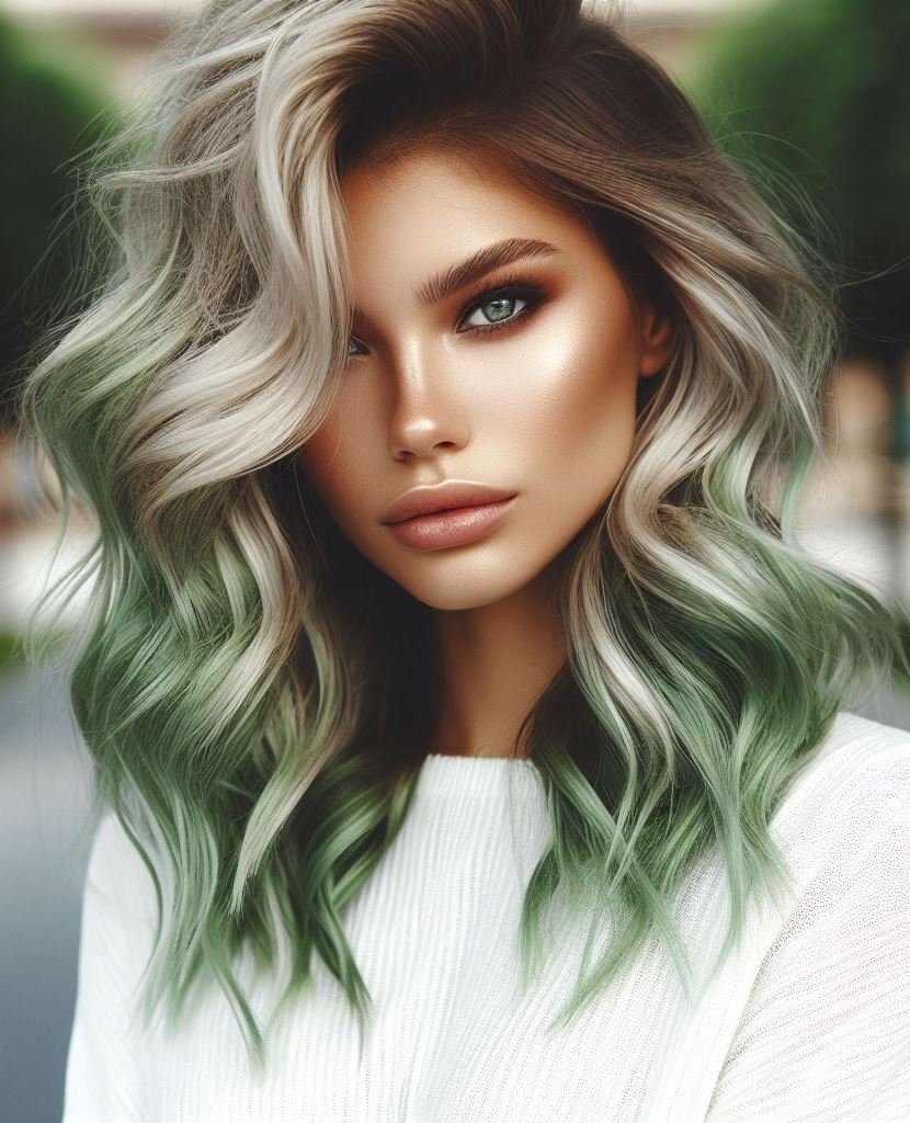 Tropical Paradise: Channel the lush greenery of a tropical island with a vibrant lime green hair color infused with subtle yellow and blue highlights. Ideal for those who want a playful and summery look.