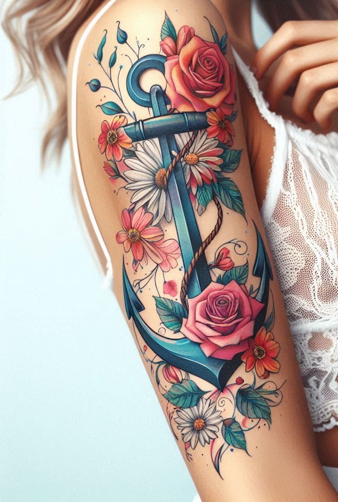Anchored in Blooms: Symbolic Strength 🌸⚓️ Imagine an anchor entwined with graceful flowers—a powerful metaphor for stability and growth. Wear this tattoo as a reminder that even amidst life’s storms, you can bloom beautifully.