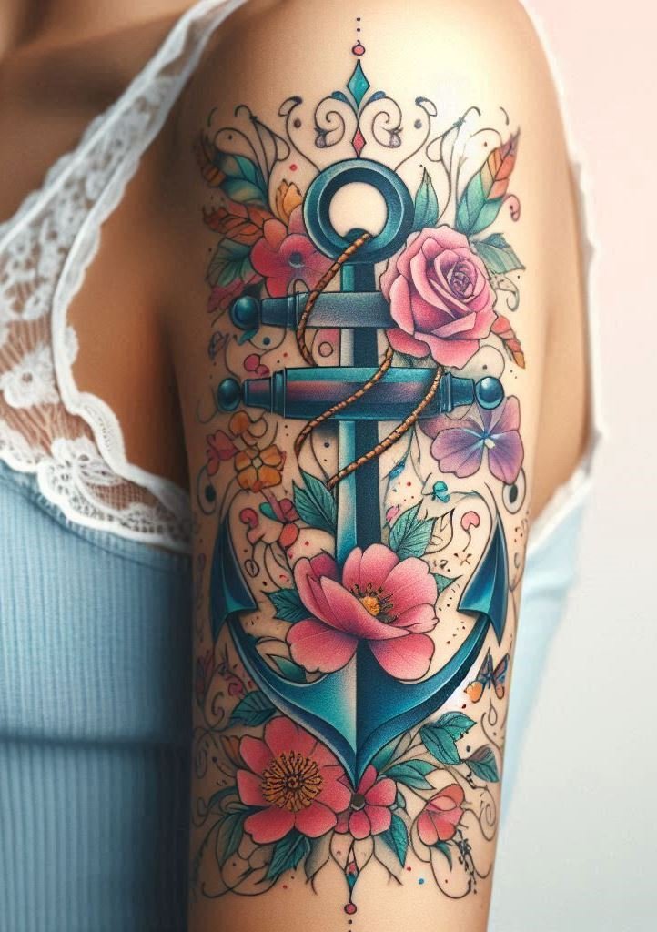 Inked Resilience: Anchor & Petals 🌺⚓️ A dainty anchor nestled among petals signifies unwavering strength. Whether it’s a lotus, rose, or wildflower, this design celebrates the balance between stability and grace.