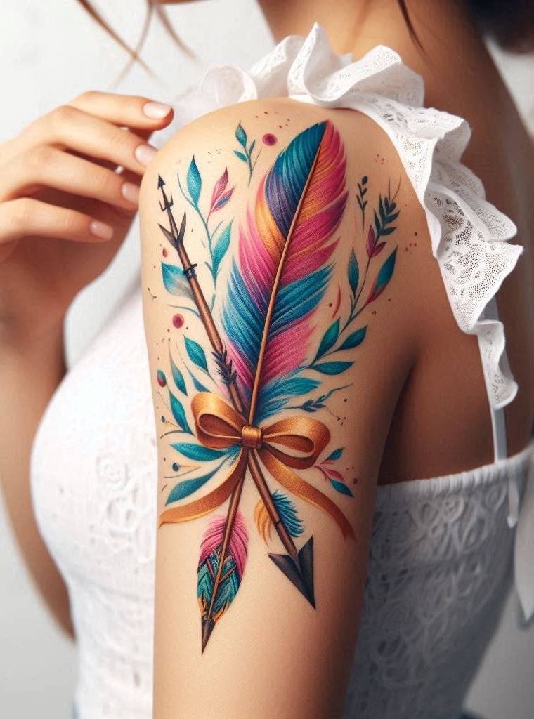 Feathered Flight: Guided by Arrows 🕊️⚔️ These tattoos blend delicate feathers with sleek arrows, symbolizing both wisdom and direction. Imagine your arm as a canvas where freedom meets purpose.