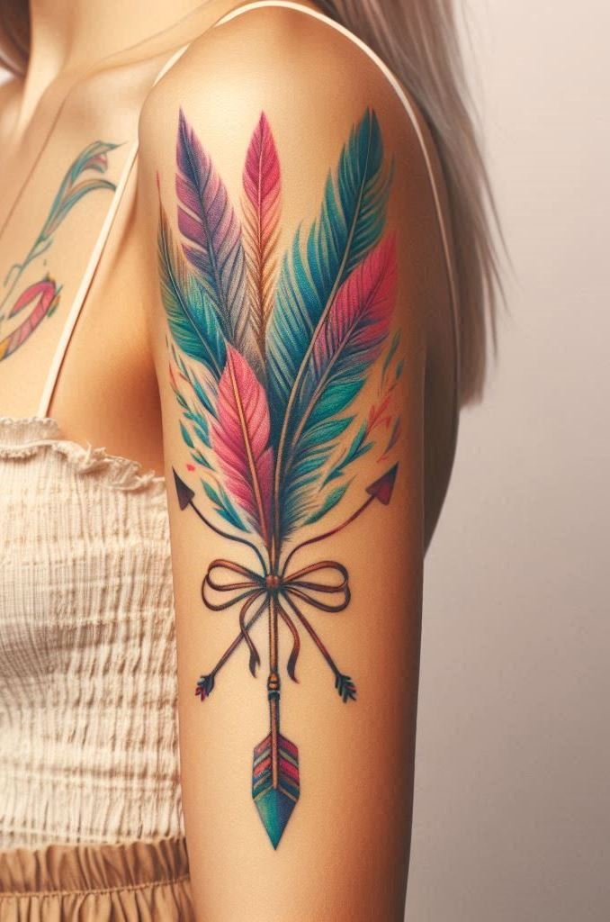 Feathered Precision: Aim High 🎯🪶 Precision meets grace in these tattoos. Feathers stabilize the arrows, ensuring they hit their mark. Wear it proudly—it’s your personal bullseye.