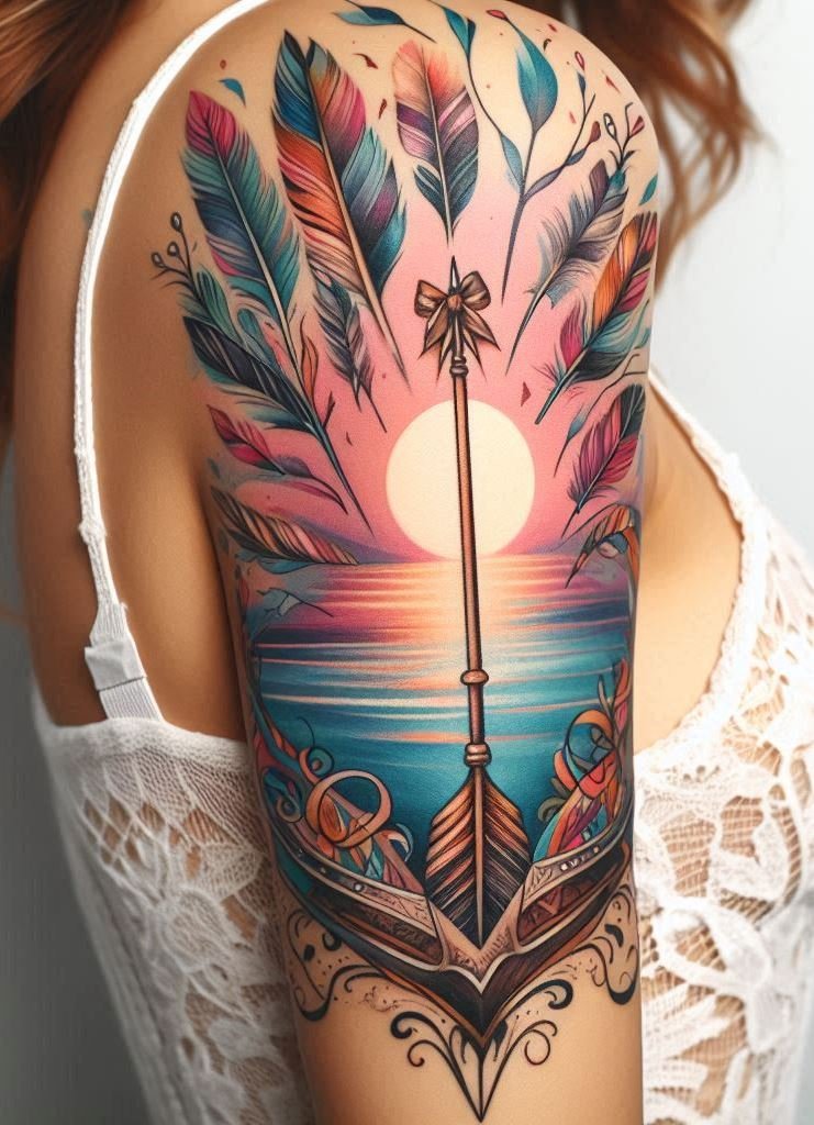 Feathered Compass: Navigating Life 🌟🗺️ Let feathers guide your way! Combine them with arrows, and suddenly your arm becomes a compass—a symbol of adventure, resilience, and finding your true north.