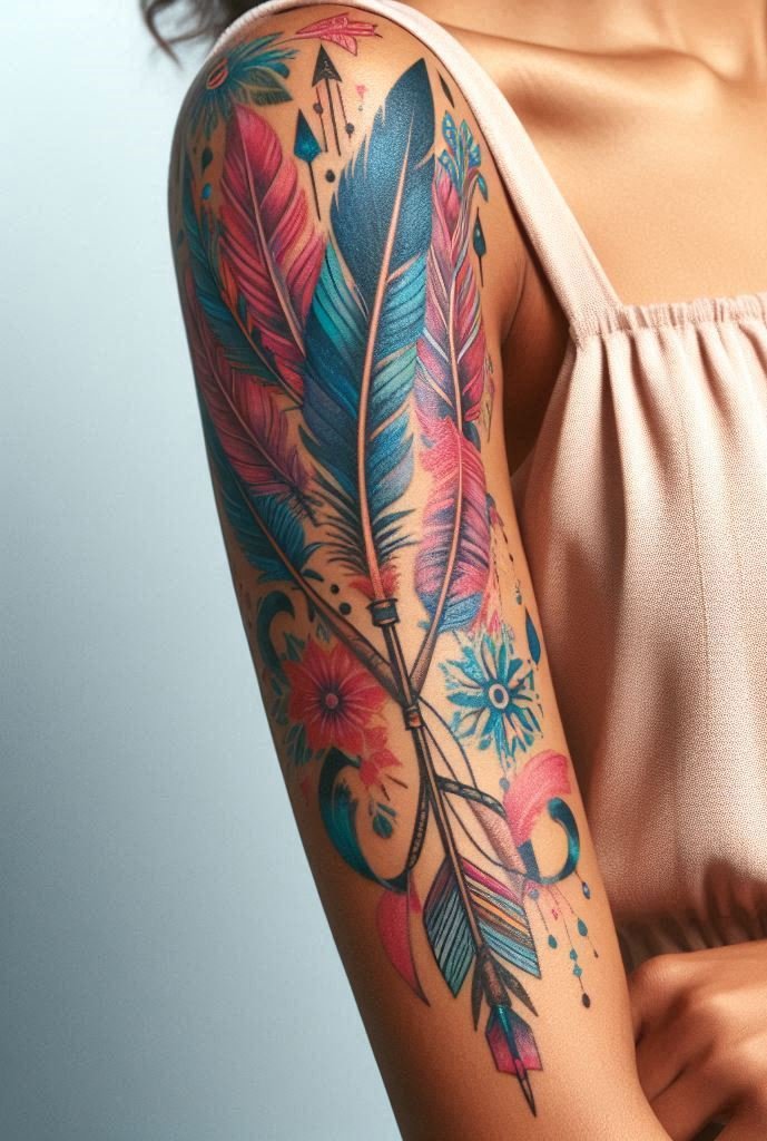 Ribboned Flight: Arrows & Bows 🏹🎁 Arrows wrapped in ribbons evoke mystery and allure. It’s as if Cupid himself designed your tattoo, aiming for hearts and weaving destiny.