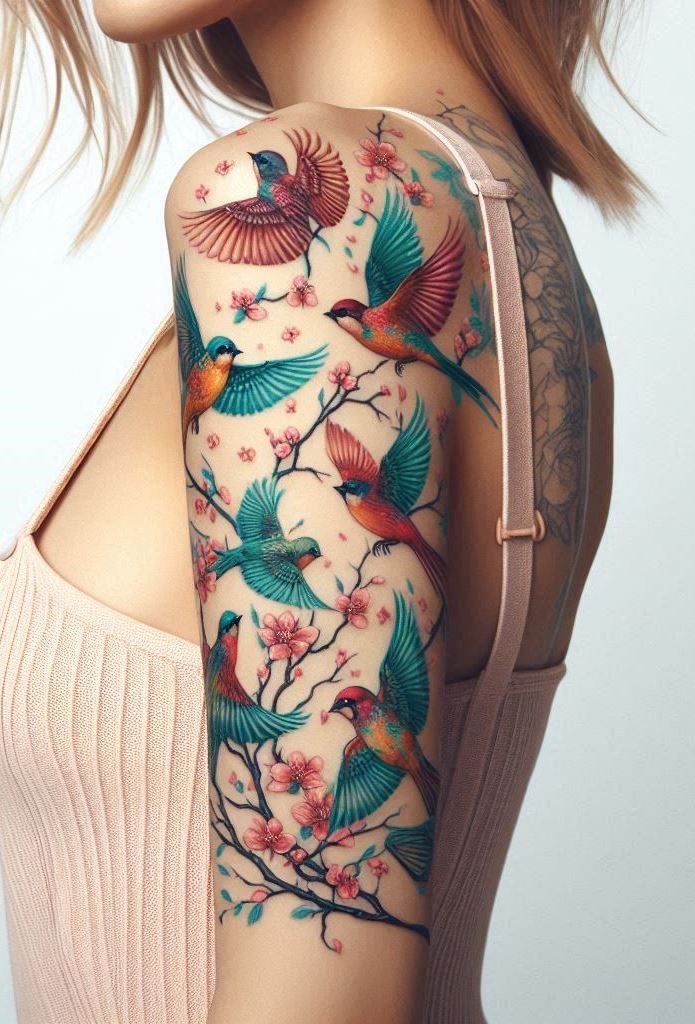 “Avian Elegance: Cherry Blossom Wings” 🕊️🌸 Imagine delicate birds soaring amidst blooming cherry blossoms. This tattoo whispers of freedom, grace, and the fleeting beauty of life—a masterpiece on your skin.