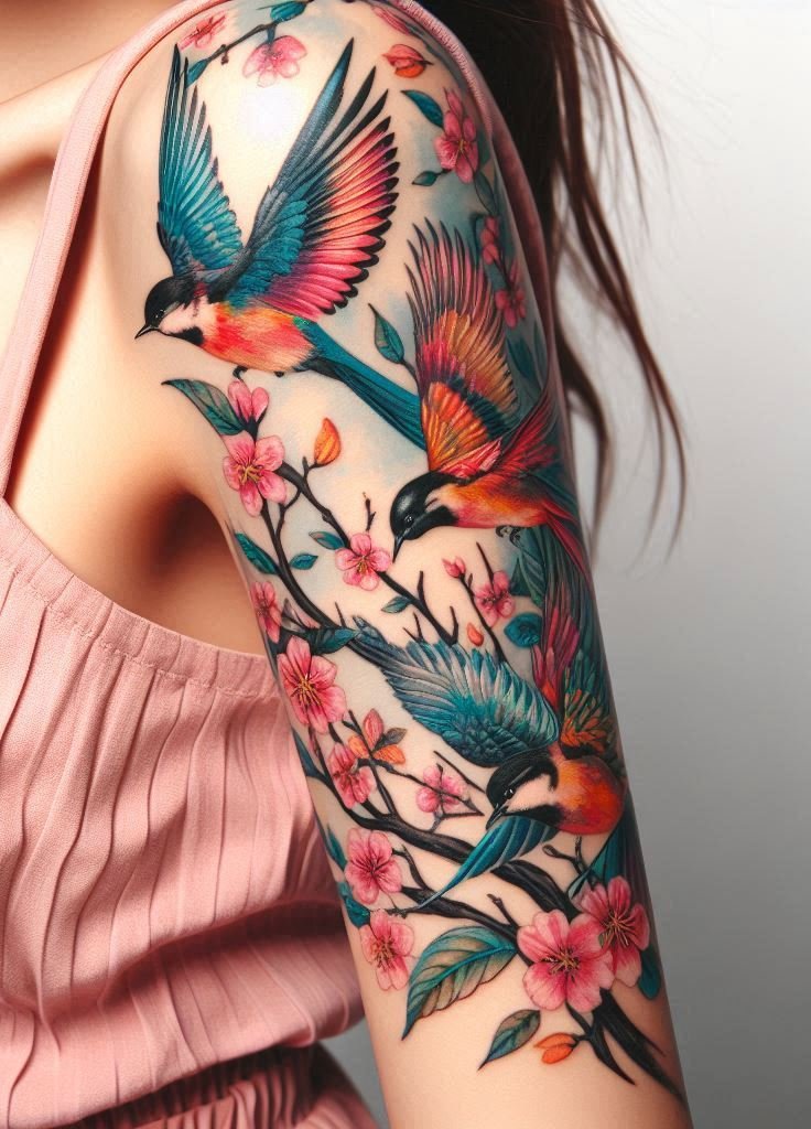 “Sakura Skies: Birds in Blossom Flight” 🌸🐦 Cherry blossoms become wings, carrying birds across your arm. It’s like springtime taking flight—a celebration of renewal, resilience, and the joy of being alive.