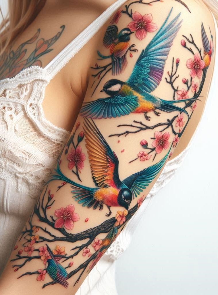 “Feathered Petals: Birds & Blooms” 🦢🌸 Birds wear cherry blossoms as plumage, a fusion of nature’s elegance. Wear this ink as a reminder that even fragile petals can lift you to great heights.