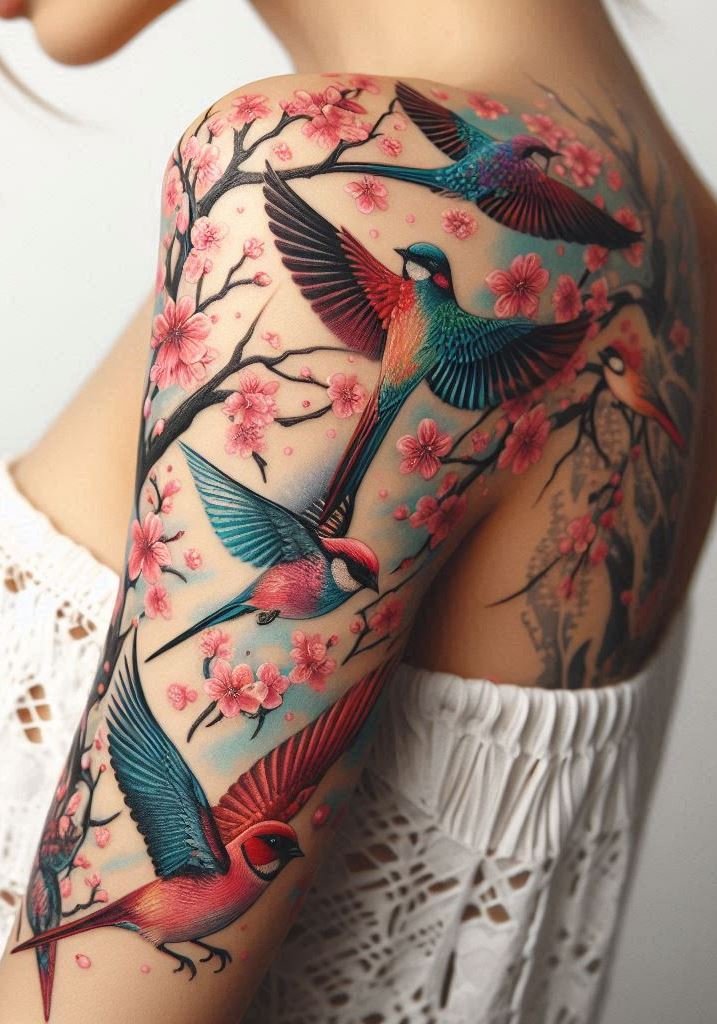 “Cherry Blossom Flock: Winged Whispers” 🌸🦜 A flock of birds weaves through pink blooms—a symphony of movement and serenity. Let this tattoo tell your story of resilience and the magic of fleeting moments.