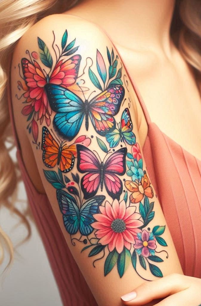 “Floral Flight: Butterfly Garden” 🌸🦋 Imagine a bouquet of butterflies fluttering across your arm. Each delicate wing carries the promise of transformation and beauty. Wear this ink as a reminder that life blooms even in the most unexpected places.