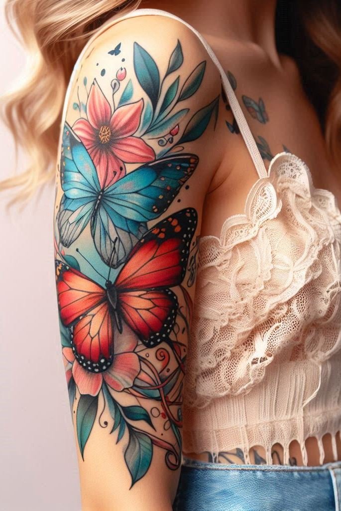 “Winged Whispers: Blossom Butterflies” 🌼🦋 These butterflies wear petals as if they’re part of a secret society. Let your arm become a canvas where nature’s whispers meet your skin. It’s like carrying spring wherever you go.