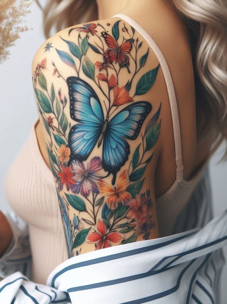 “Petals in Flight: Floral Butterflies” 🌷🦋 Petals transform into wings, carrying butterflies across your skin. It’s like wearing a secret garden—a place where hope and resilience intertwine. Let your ink bloom.