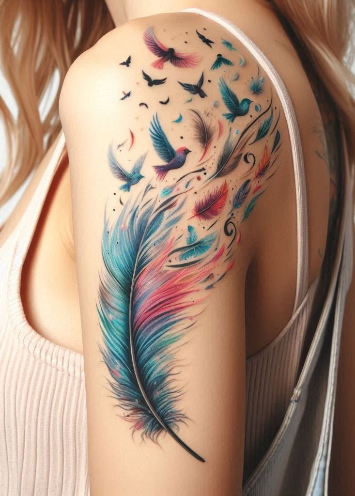 Ink your arm with metamorphosis—a feather gracefully evolving into a flock of birds.