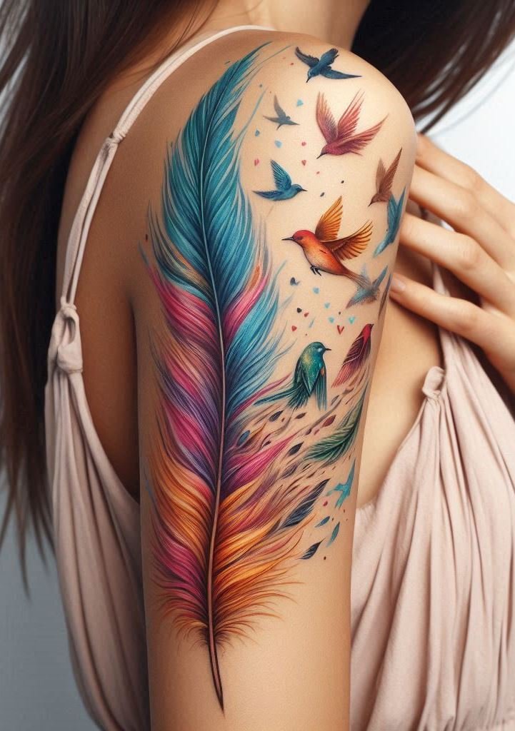 Feathers take flight, birthing a symphony of avian beauty on your skin.