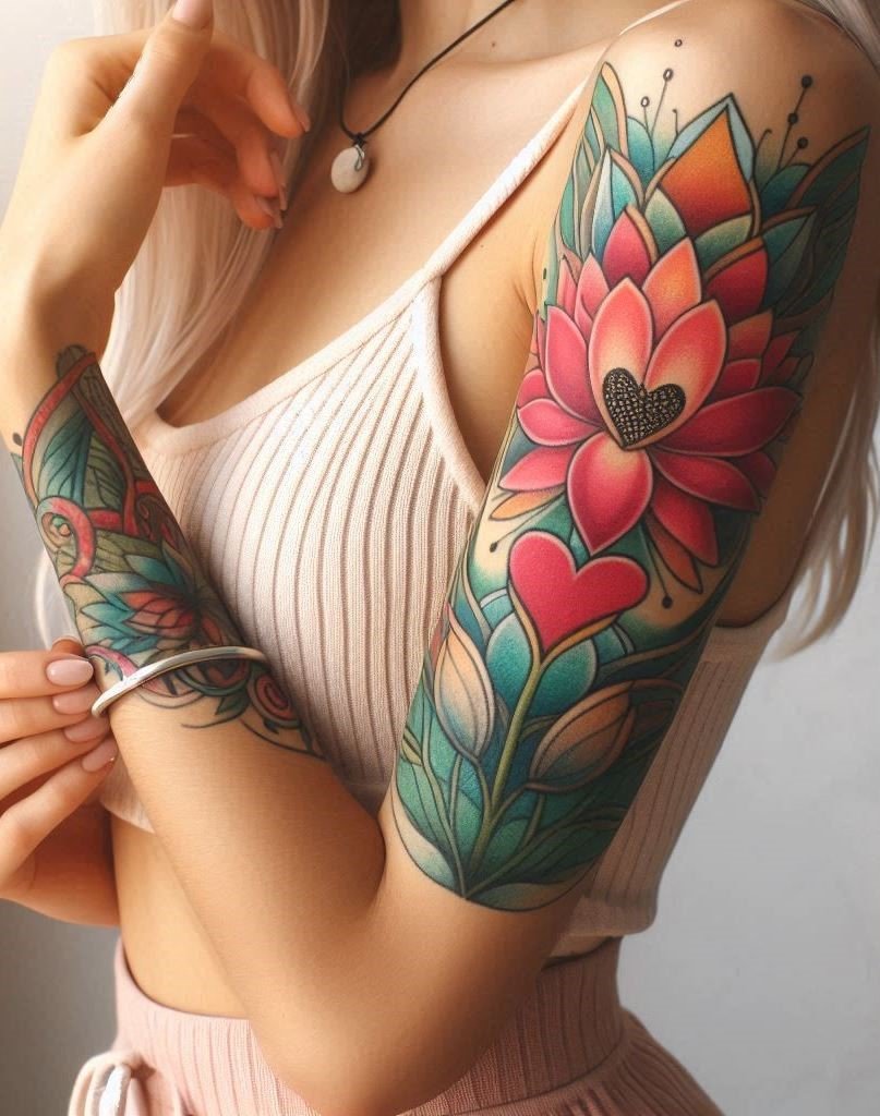 Embrace your inner wisdom with a delicate lotus and heart tattoo on your upper arm. Symbolizing purity and rebirth, this ink is both beautiful and meaningful. 🌸❤️