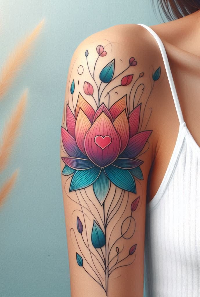 Lotus blooms from mud, heart thrives through challenges. An upper arm tattoo that whispers resilience and beauty. 🌸💪
