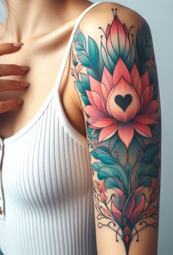 Lotus petals cradle a heart – a poetic tattoo for the soul. Inner wisdom meets love on your upper arm canvas. 🌿❤️