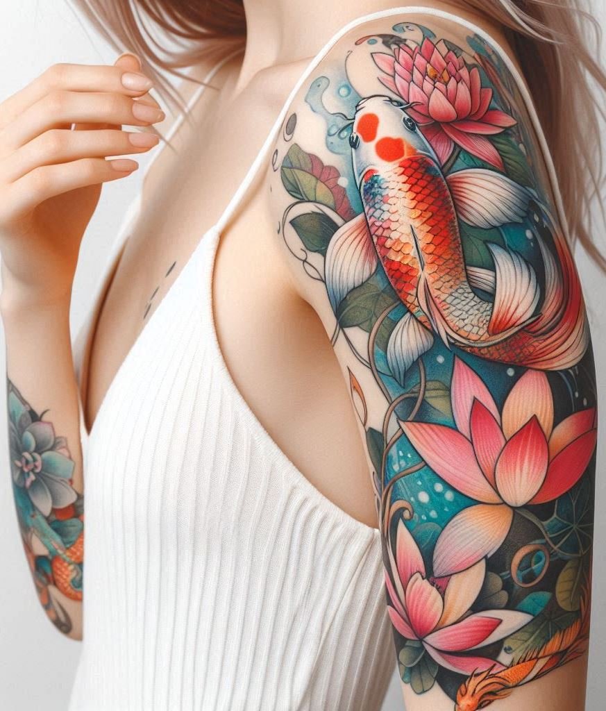 Dive into elegance with a vibrant orange koi swimming among pink lotus flowers. This tattoo symbolizes success and inner peace – a stunning choice for your upper arm canvas! 🐟🌸