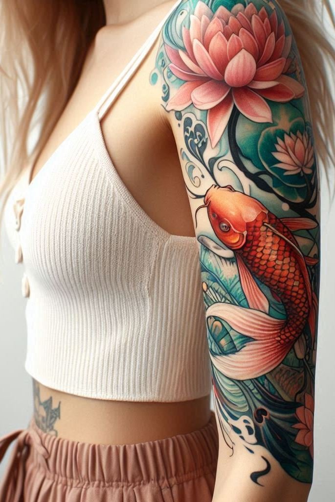 Koi fish and lotus – a powerful fusion of strength and spirituality. Imagine this ink gracefully adorning your shoulder and upper arm. Success awaits! 🌿🐠