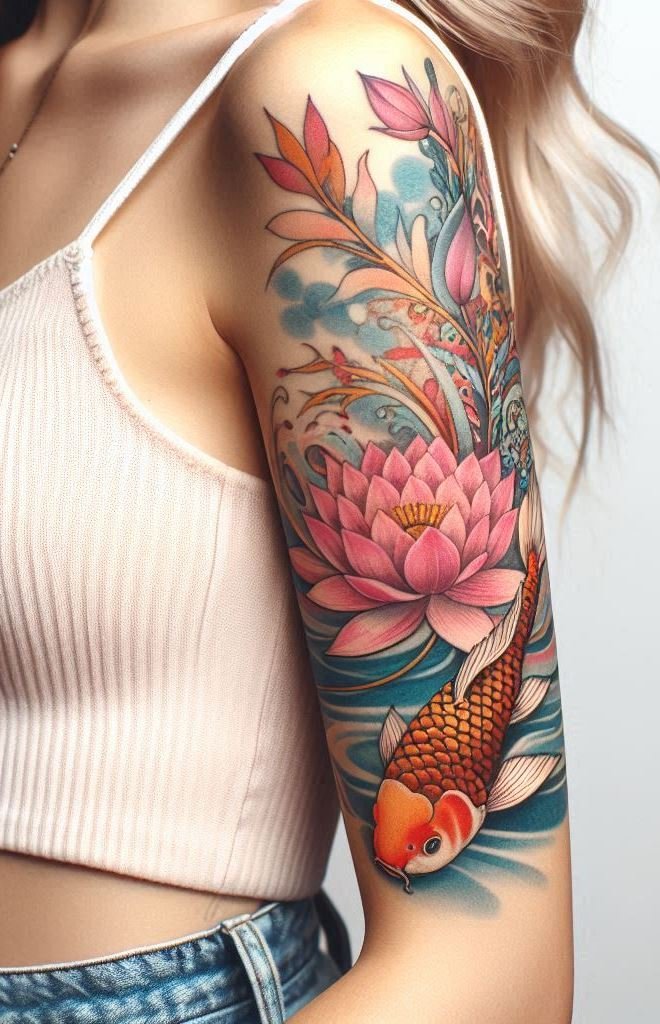 Koi fish, lotus petals – a harmonious blend of beauty and courage. This tattoo whispers success stories and dreams fulfilled. 🌊🐟
