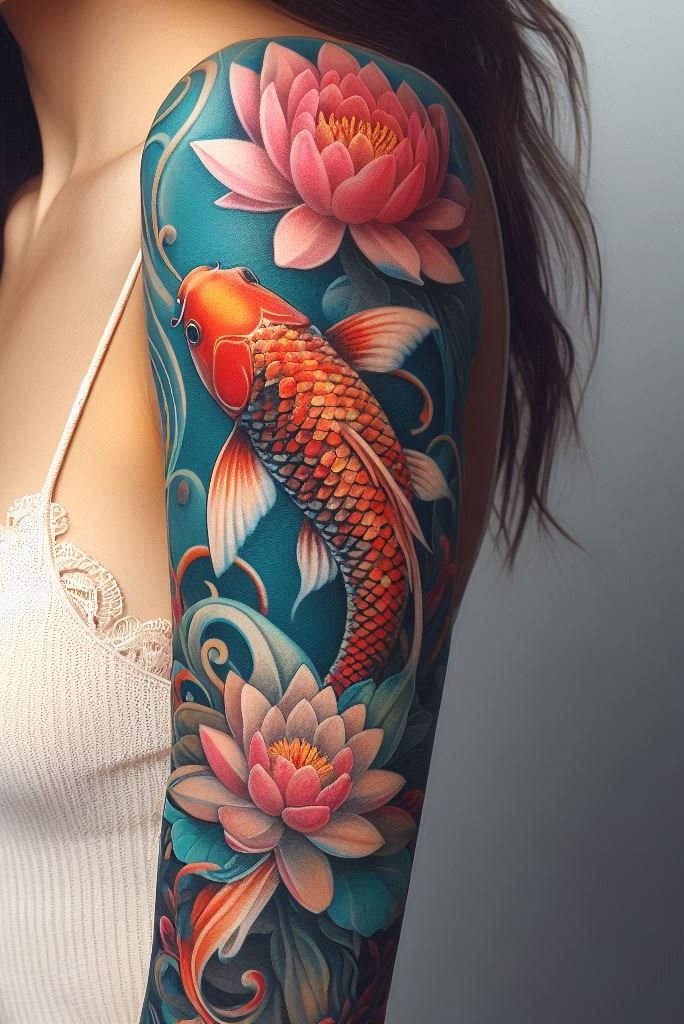 Lotus blooms from mud, koi defies the current. An arm tattoo that celebrates overcoming obstacles and thriving against all odds. 🌸🐠
