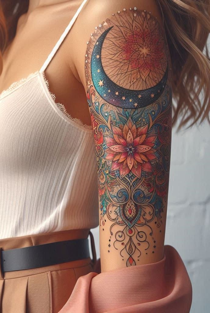 Ink the cosmos on your arm with a mandala moon and stars tattoo. It’s like wearing the universe’s secrets – mysterious and captivating! 🌙✨
