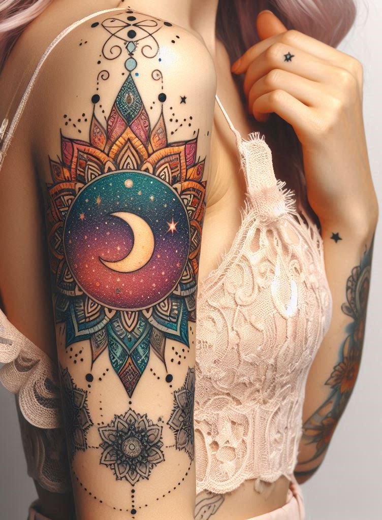 Mandala moon and stars – a cosmic embrace. Let this tattoo guide you through both darkness and illumination. 🌙🌟