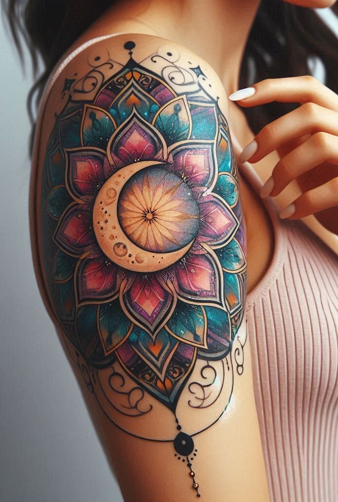 Stars twirl around a mandala center, like galaxies colliding. This arm tattoo whispers ancient wisdom and cosmic balance. 🌠🌌