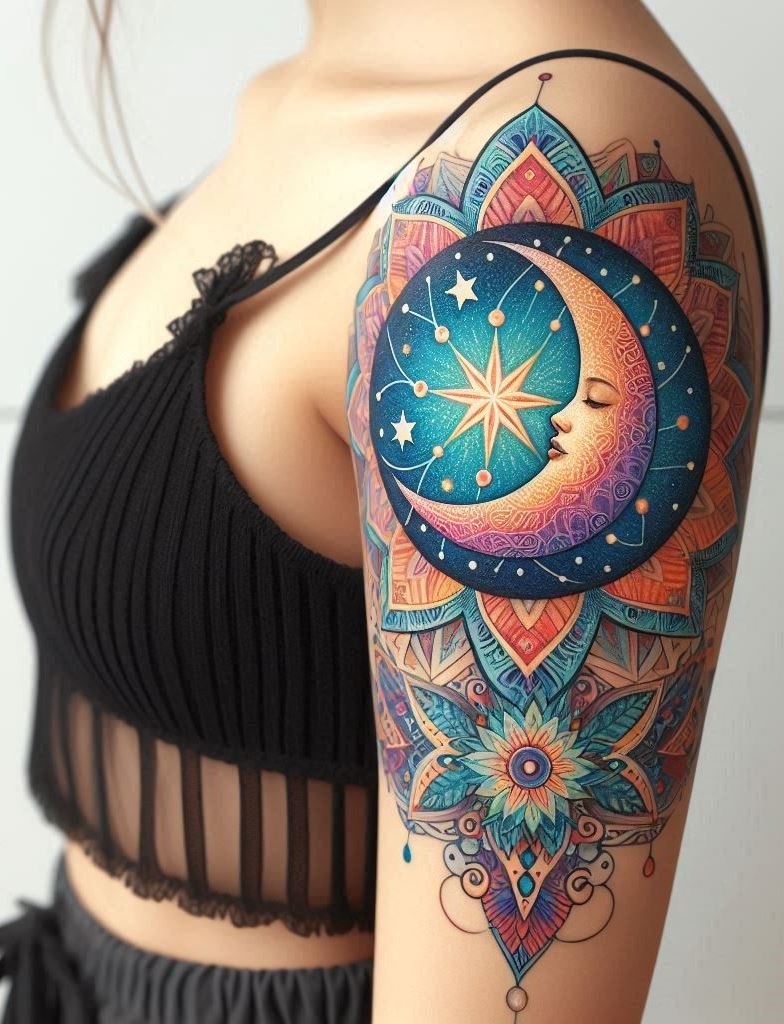 Mandala moon phases spiral down your arm. From waxing to waning, this tattoo mirrors life’s ebb and flow. 🌒🌘
