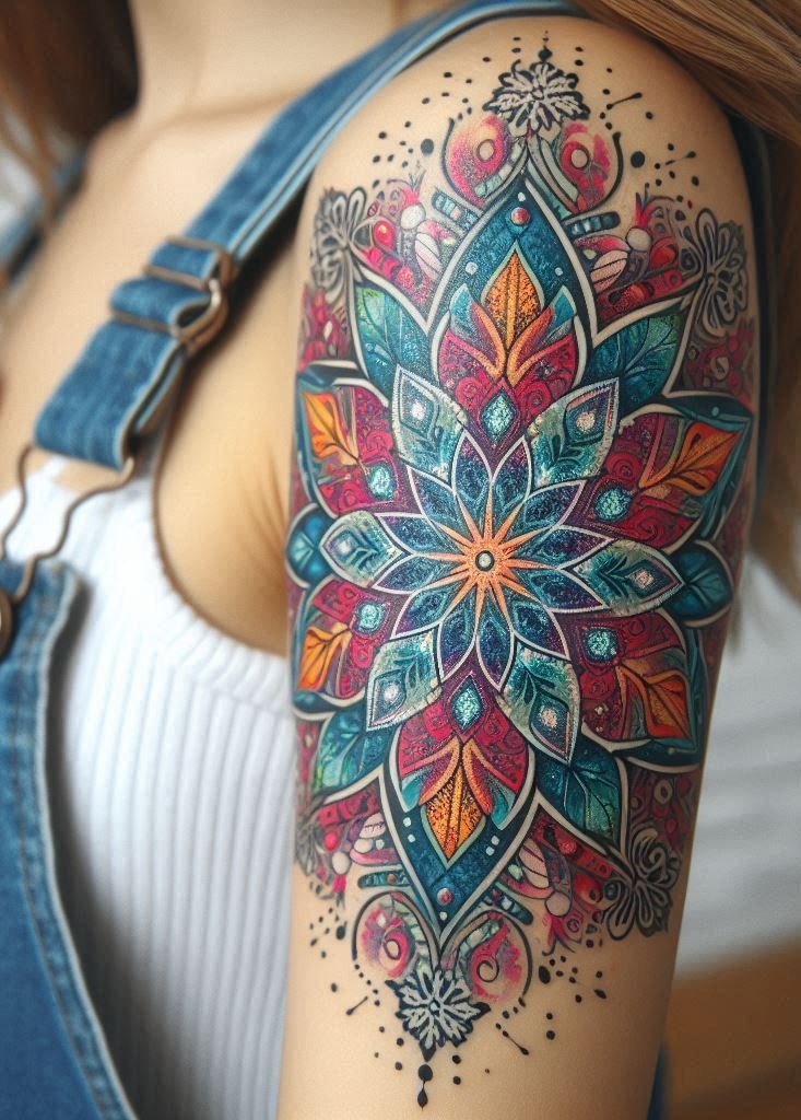 Ink your spirit with a mandala snowflake tattoo—a fusion of cosmic geometry and winter magic. Let it adorn your arm like a celestial secret.