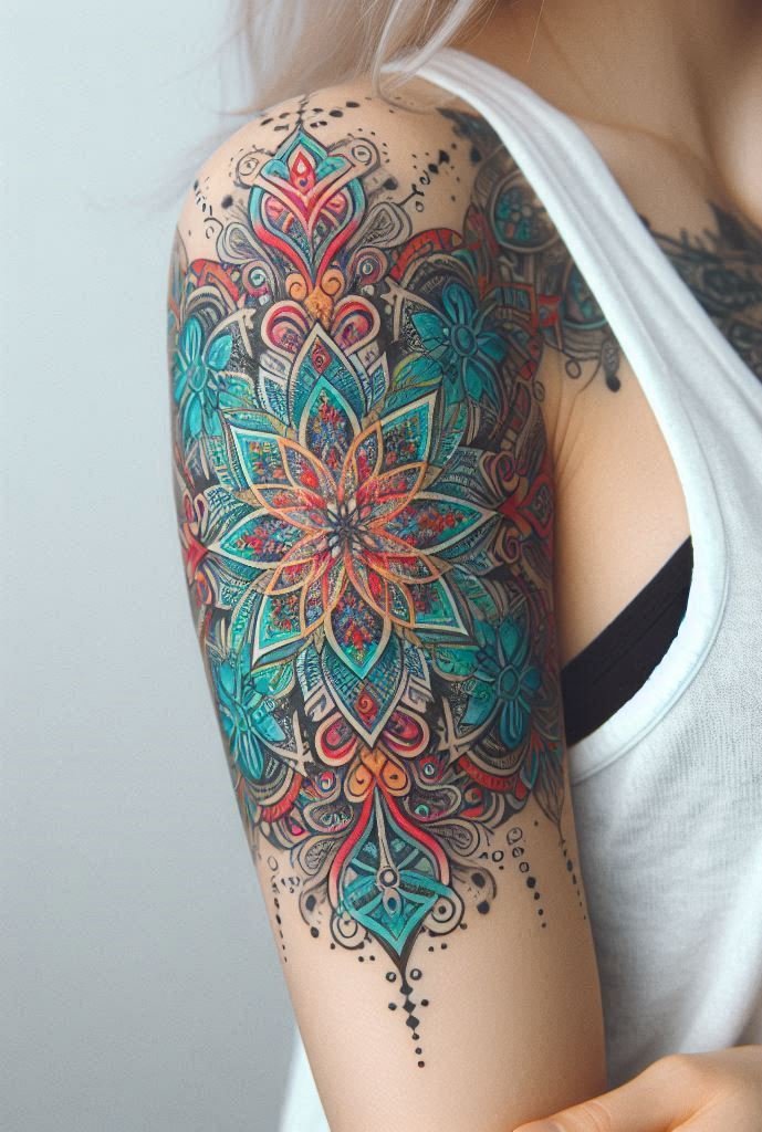 Mandalas bloom like frost-kissed flowers, and snowflakes twirl in cosmic choreography. This tattoo celebrates the harmony of seasons.