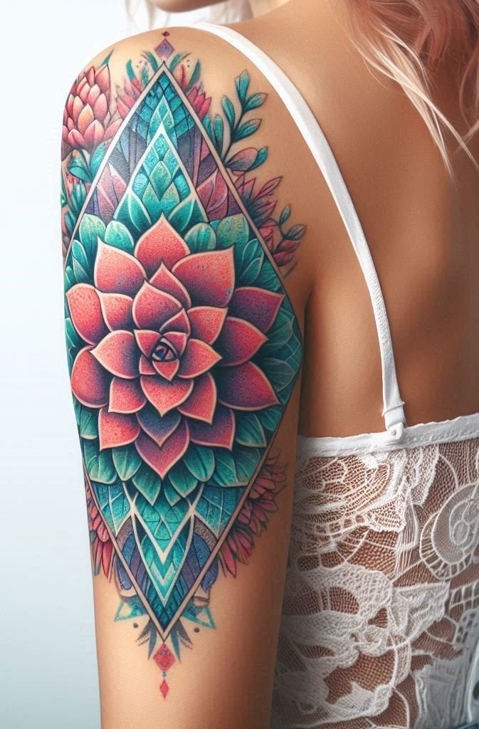 This geometric succulent tattoo is like a secret garden etched on your arm. Each leaf tells a story of adaptability and tenacity.
