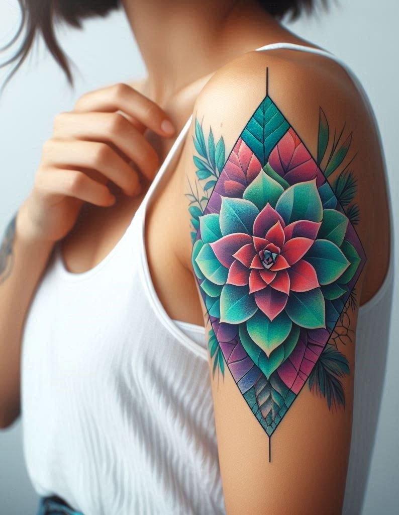 Neo-traditional meets desert chic—succulents in a diamond frame. Wear it proudly, like a desert queen.