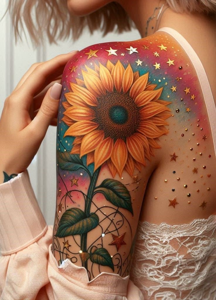 Sunflowers and stars: a celestial dance etched on your skin, symbolizing growth, hope, and the vastness of the universe.
