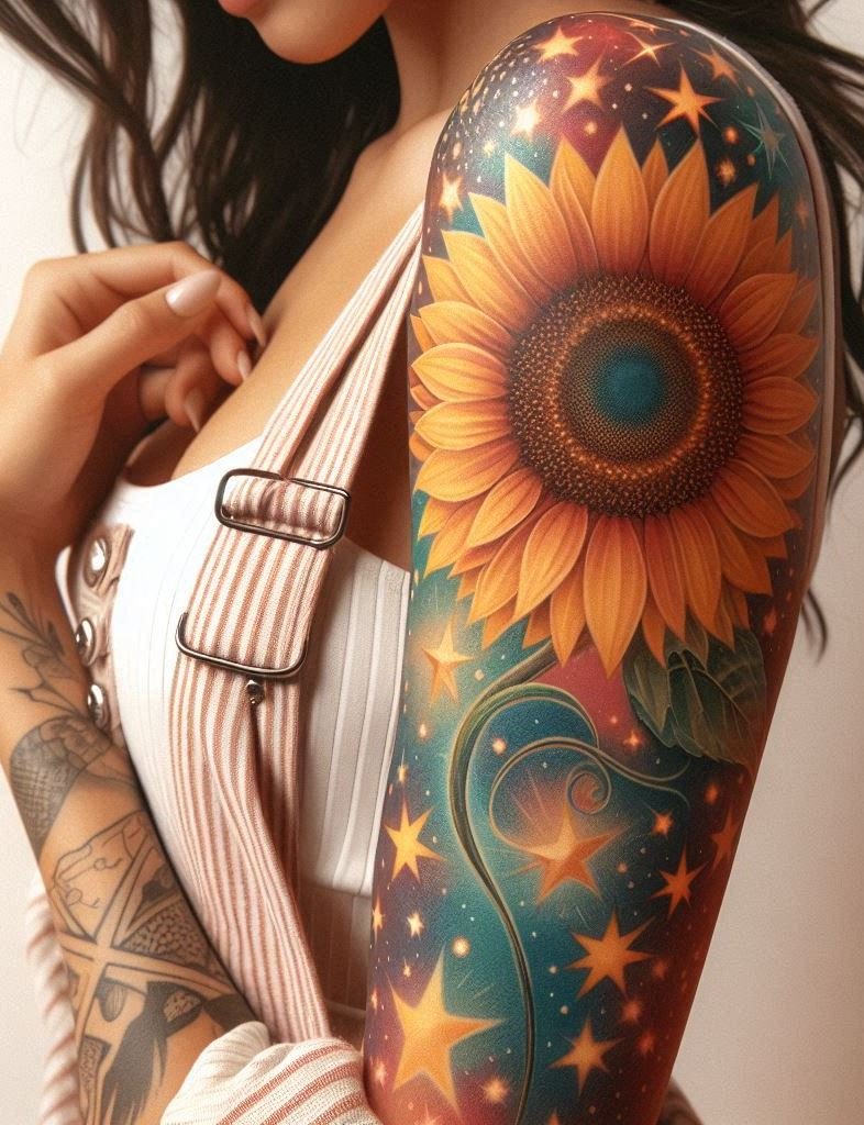 Channel your inner stargazer with a sunflower arm tattoo – because even flowers need a little cosmic inspiration.